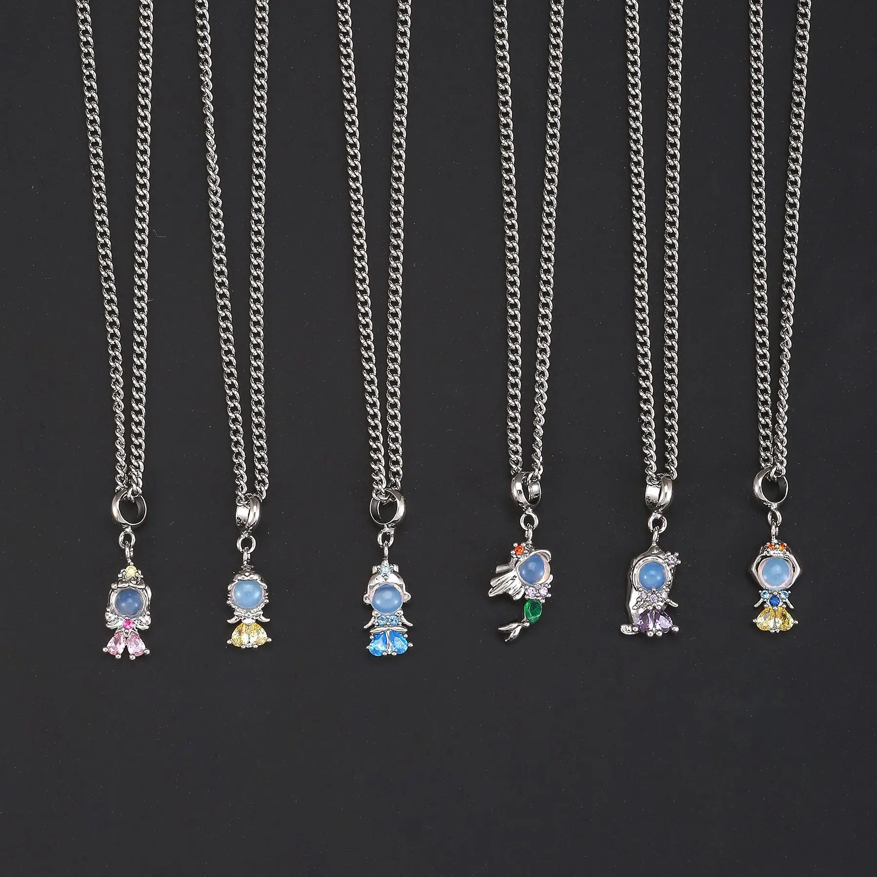 New Women Female Copper Color Zircon Cartoon Princess Pendant Necklace Fashion Mermaid Real Gold Plated Cuban Chain Necklace