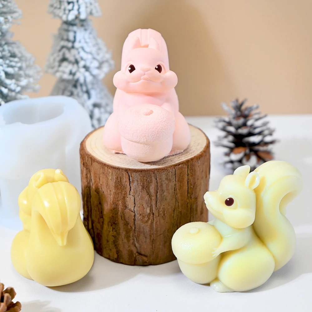 DM1069 3D Christmas Candle Silicone Mold DIY Cute Squirrel Animal Concrete Resin Ornament Molds For Festival Handicrafts