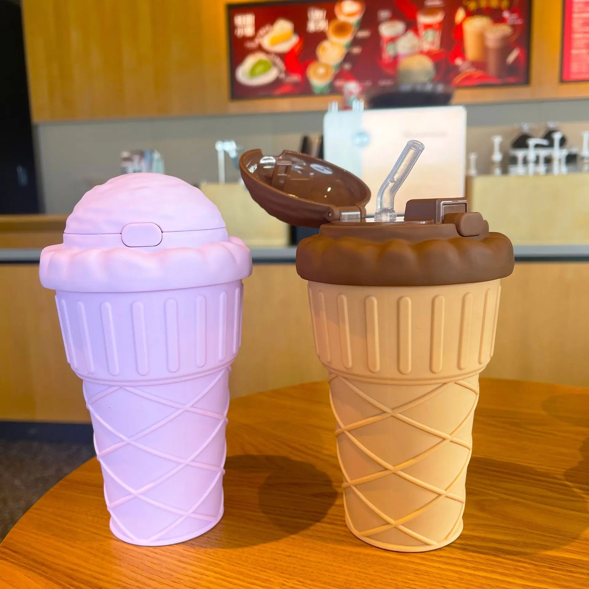 High appearance level creative ice cream shape cup portable student kids strap 500ml bpa-free plastic water bottle with straw