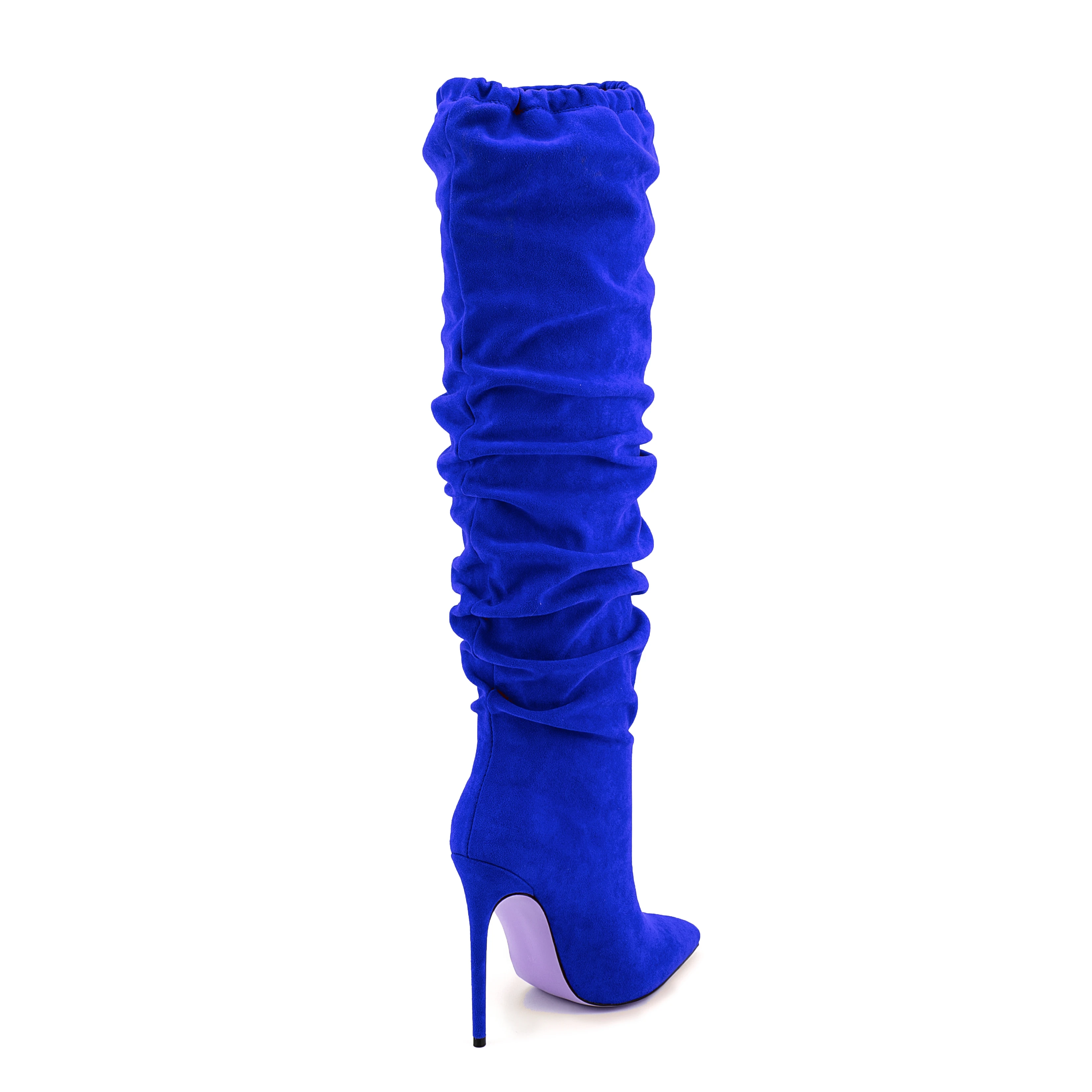 Sexy Point Toe Wide Shaft Stiletto Heels Women Royal Blue Faux Suede Fashion Winter Ruched Knee High Boots