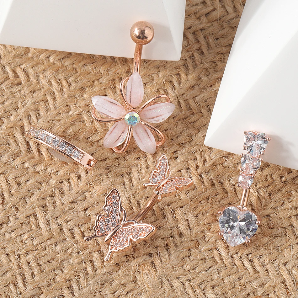 316L Stainless Steel Belly Button Rings Butterfly Flower Curved Barbell Crystal CZ Navel Rings Body Piercing Jewelry