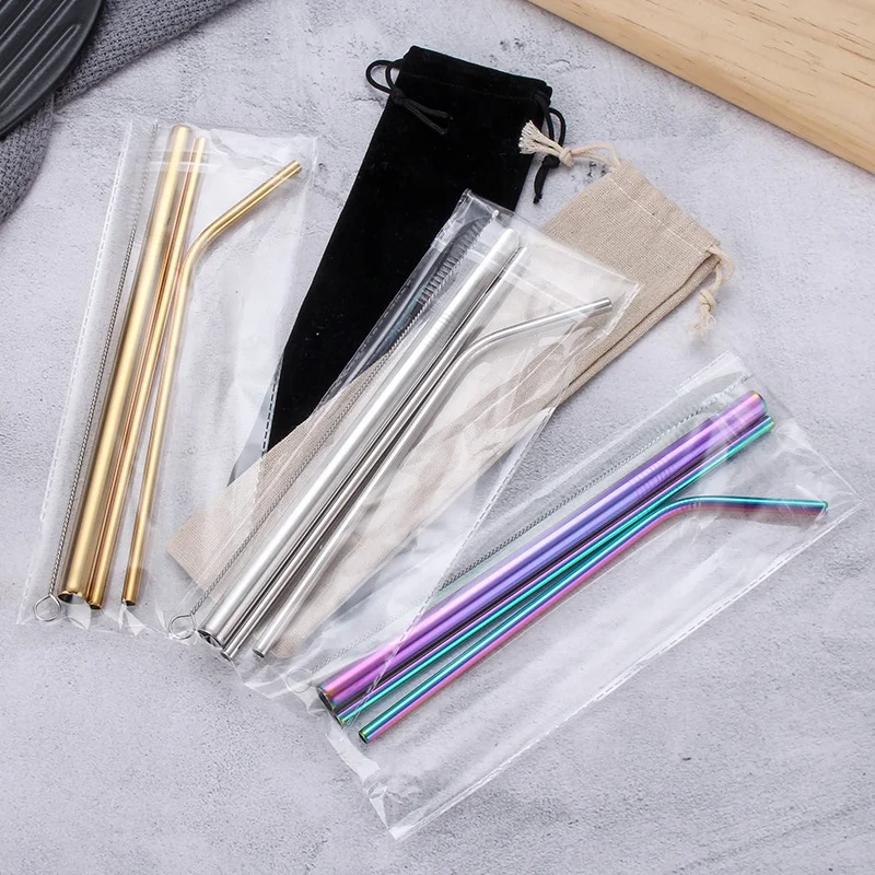 
Stainless Steel Reusable Drinking Metal Straws Set of 3 with Brushes Environment-Friendly Straws with three kinds packing 