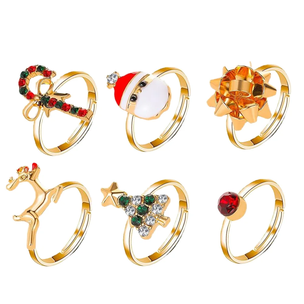 Merry Christmas Fashion Jewelry Set Oil Dropping Diamonds Christmas Trees Santa Hats and Deer Alloy Gold Plated 6-piece Ring Set