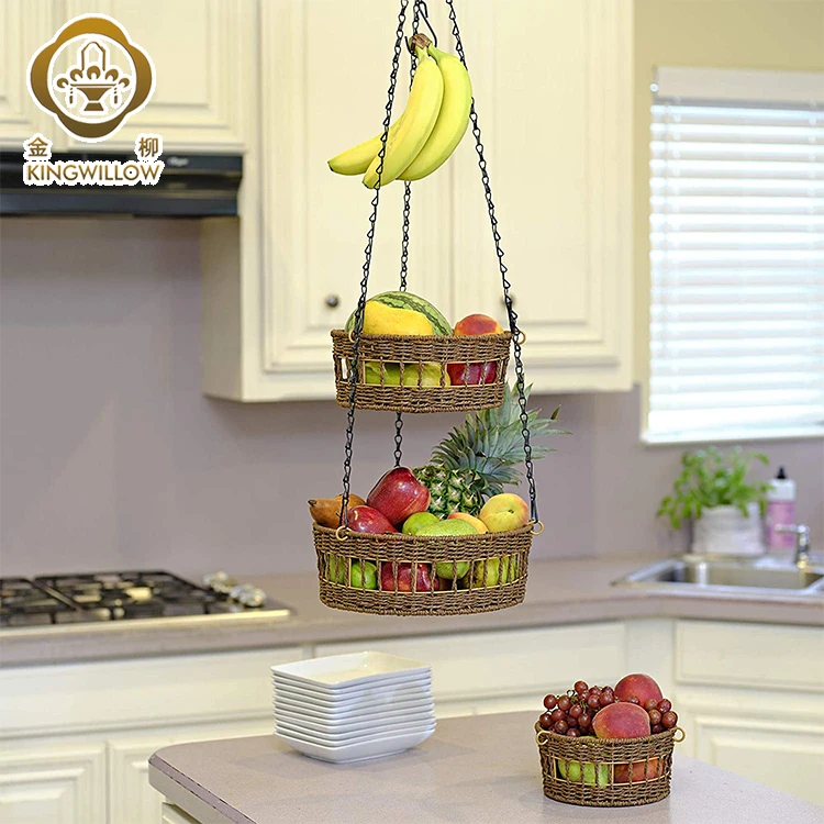 Kingwillow домашний сад забор тканый завод цветок на стену из бумажной ленты тканые 3 яруса кружевных подвесная корзина для фруктов с одной главной балкой с крючком