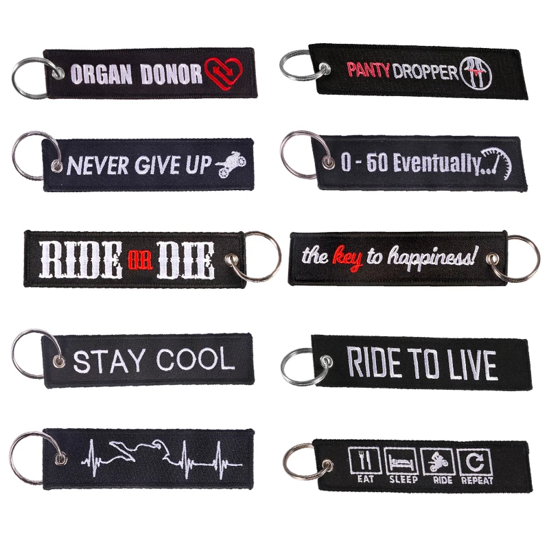 We offer a variety of motorcycle embroidered keychains featuring the Remove Before Flight tagline, and support customization.