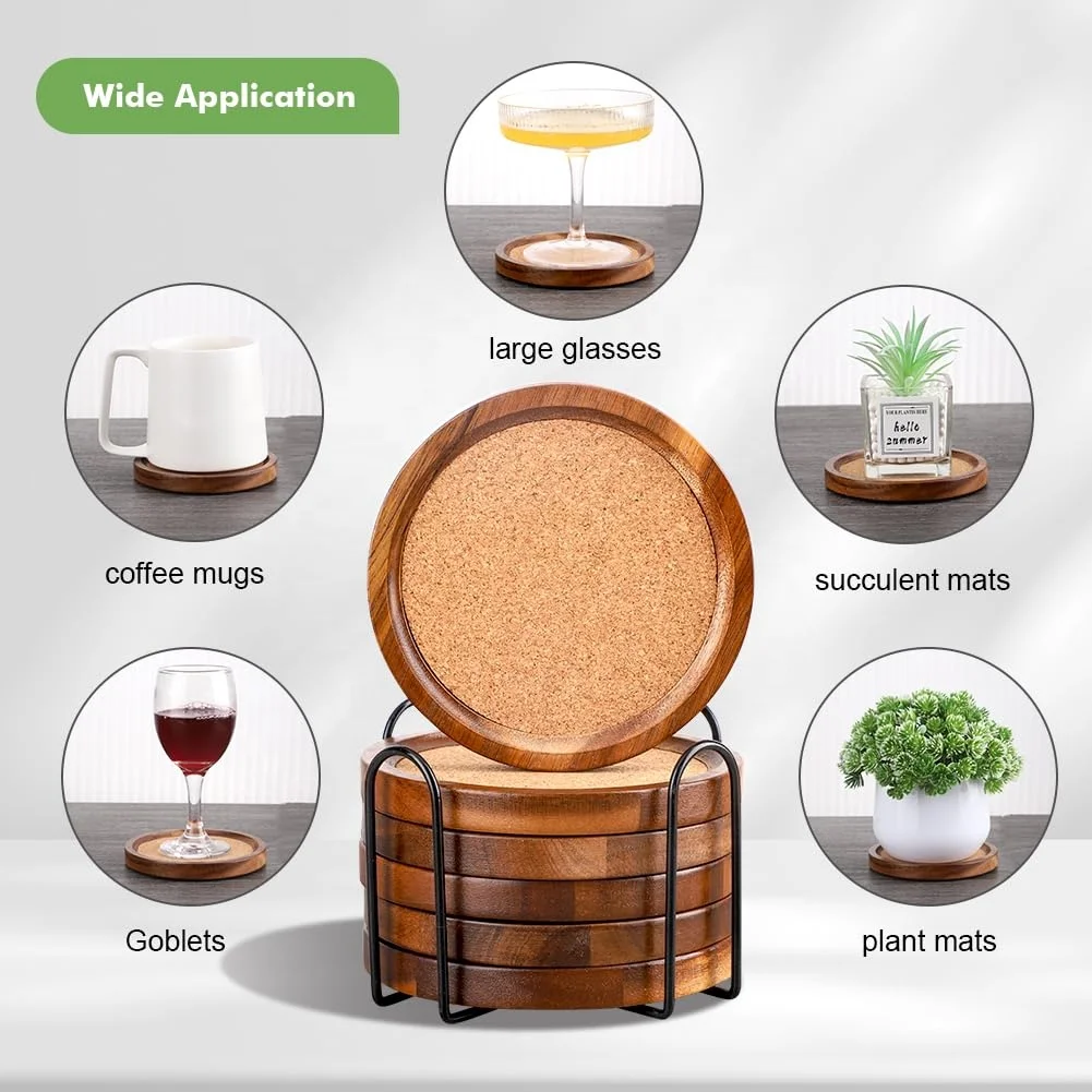 Luxury bar tools acacia wood coaster round wooden beer cup drink coaster kitchen wood cork coaster with holder stand rack