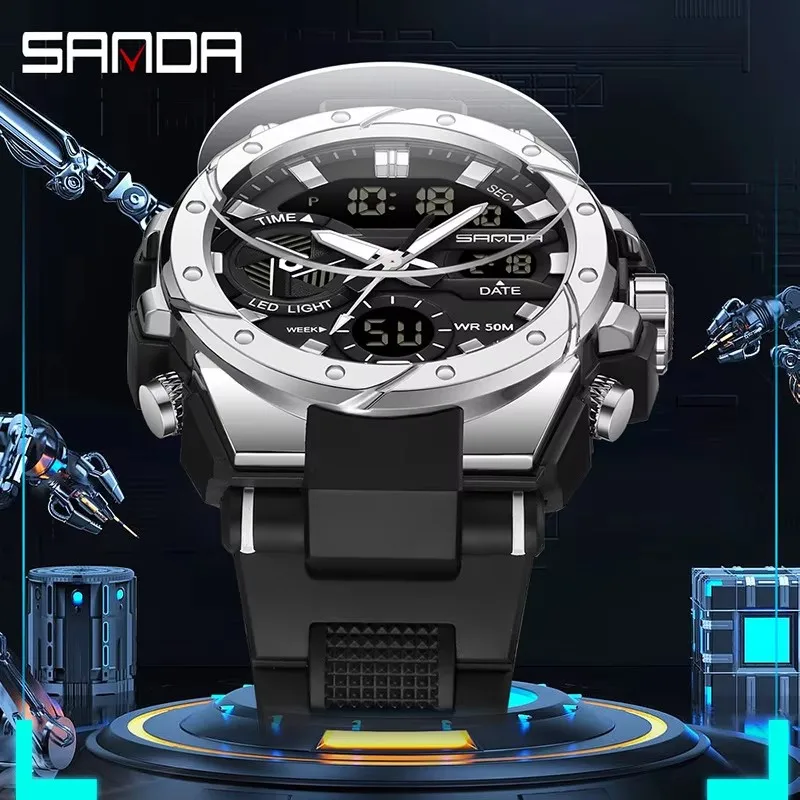 SANDA 3313 Brand Watch Electronics Men Sport Alarm Clock Waterproof Stopwatch Chronograph Men Wristwatches Quartz Digital Watch