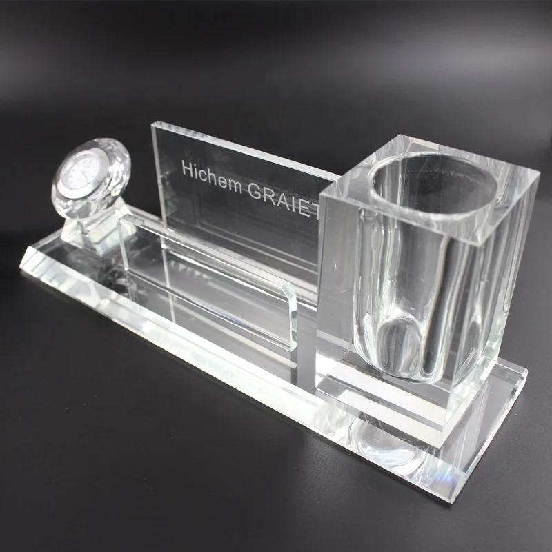 office set promotional three in one crystal penholder and card holder with clock/crystal glass clock business card holder