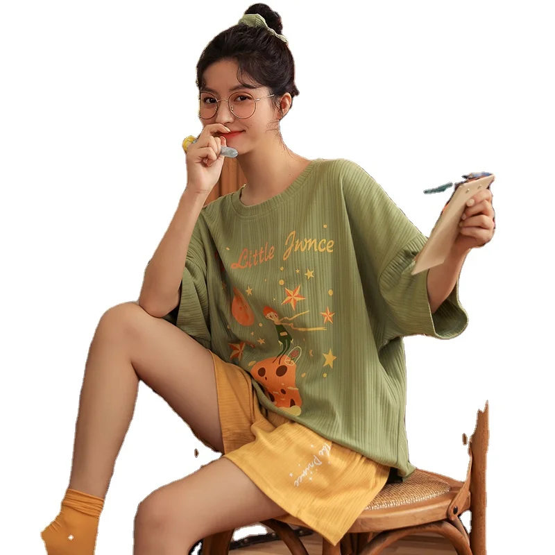 Новинка, летняя одежда для сна, хлопковый женский пижамный комплект, домашний костюм для девочек с героями мультфильмов и шортами, милая Пижама, Повседневная Удобная Пижама, 2 шт.