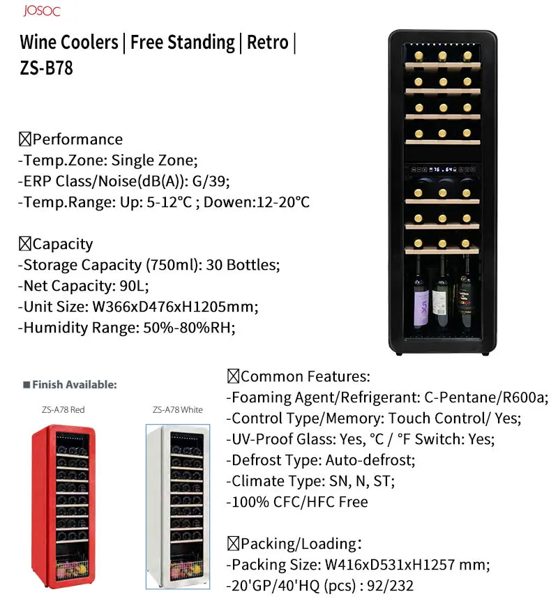 86L Single Temperature Glass Front Door Dual Zone Red Wine Fridge Chiller Cooler Manufacturers B78