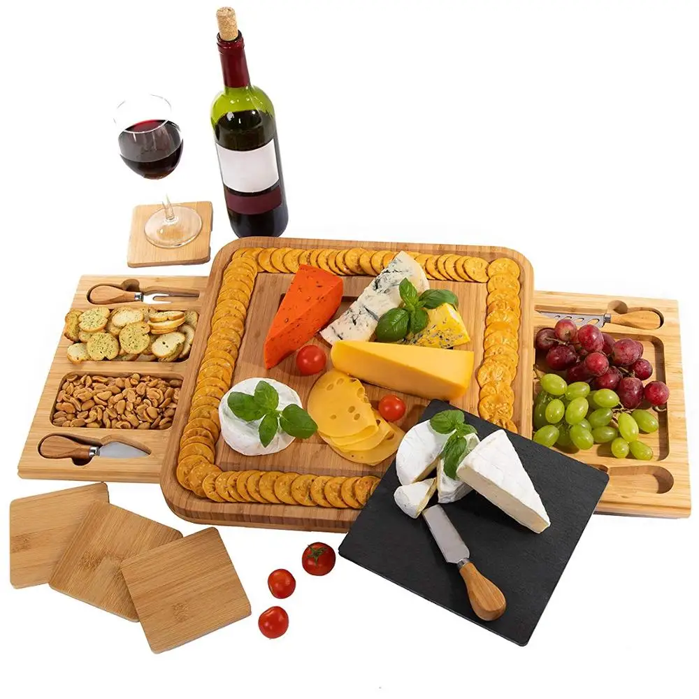Bamboo Cheese Board Set with Knives Sets and Slate, Charcuterie Platter with 4 Coasters