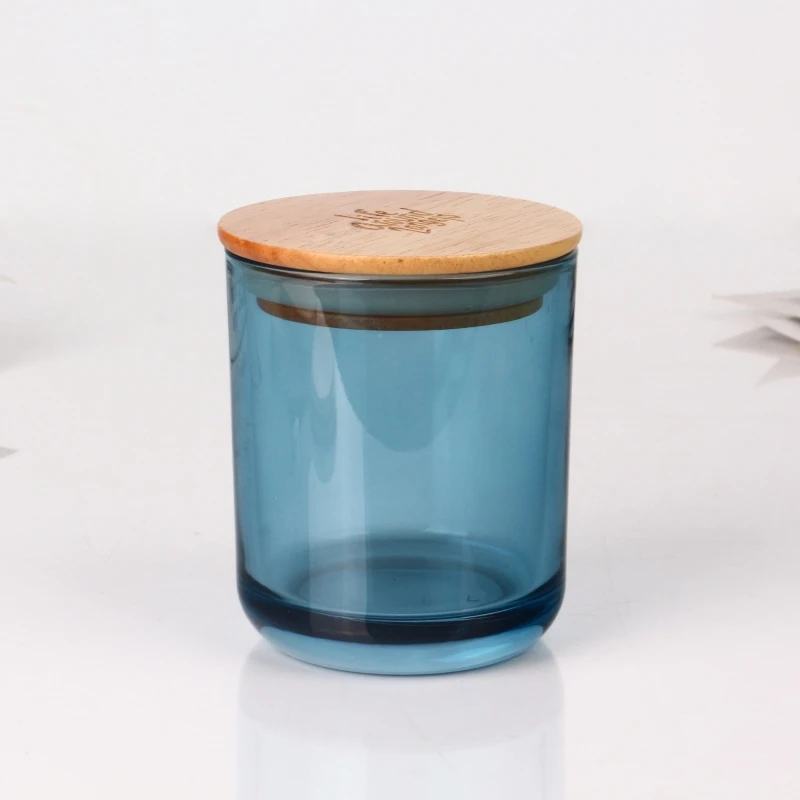 8oz 10oz Round Shape Empty Blue Translucent Glass Candle Jars with Bamboo Lids in Bulk Candle Glass Jar For Candle Making