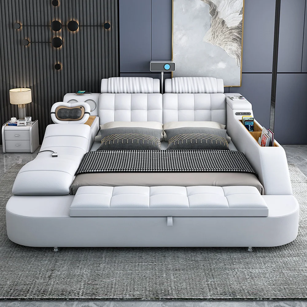 2023 Customizable Multifunction Storage Bed Wood Bed Solid with Massage Music Design of Leather 1 Piece Stainless Steel Modern