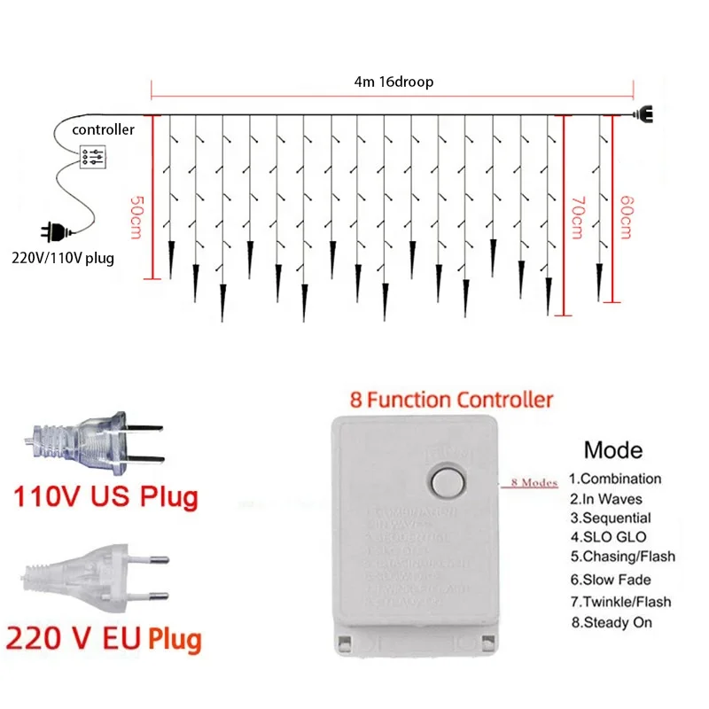Ice Pick Window Curtain Roof Christmas Lights Icicle Fairy String Lights Outdoor Garland Home Party Garden Decoration