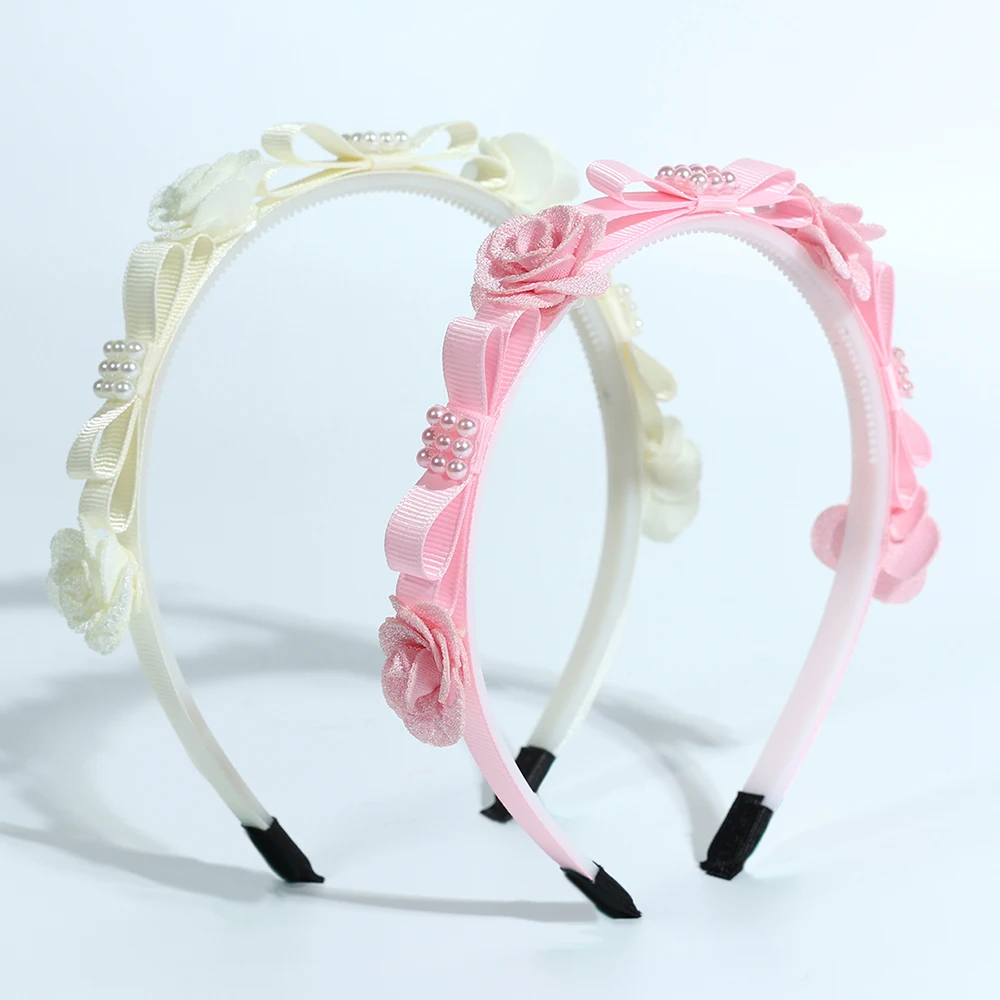 CN Sweet Flower Hairband Grosgrain Ribbon Boutique Bowknot Headband for Kids Girls Pearl Accessories