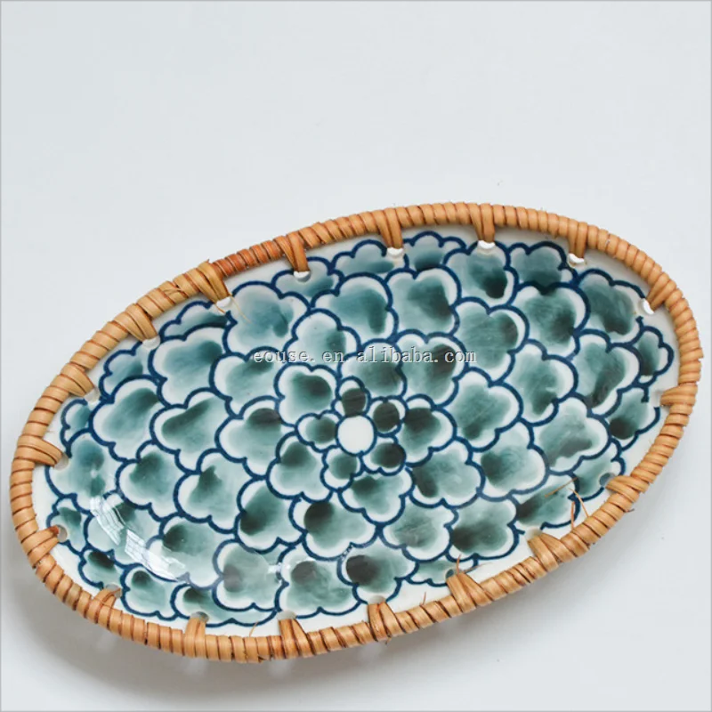Rattan Ceramic Storage Tray Hand-Woven Fruit/Snack Trays Desktop Storage Crafts Ornament Oval Serving Decorative Ceramic Dish