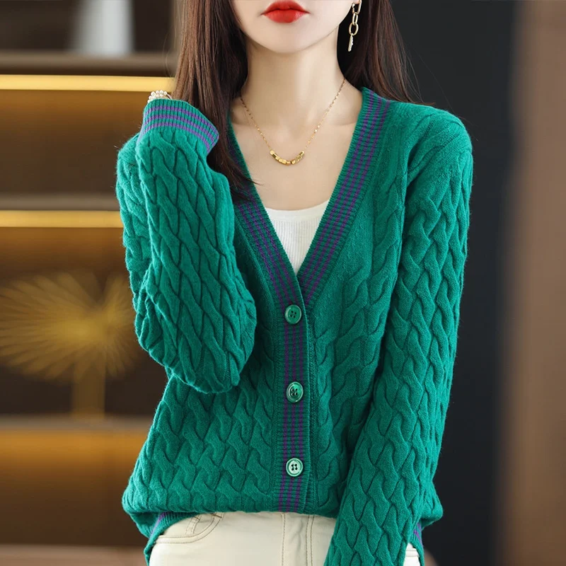Women Twisted Cable Knit Green Cashmere Cardigan Sweater V-neck loose Long Sleeve Button Knitwear Cardigan Ladies