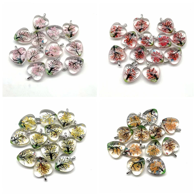 Wholesale Glass Heart Shape Pendants Dry Flower Jewelry Necklace Charm  Life Tree Key Chain Bag Lamp work Gift 25 mm