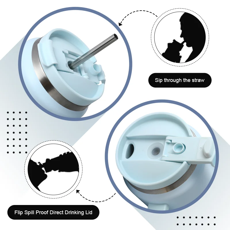 ODM 64oz Eco-friendly Sports Food Grade Stainless Steel Vacuum Insulated Coffee Tumbler Travel Mug with straw and handle and lid