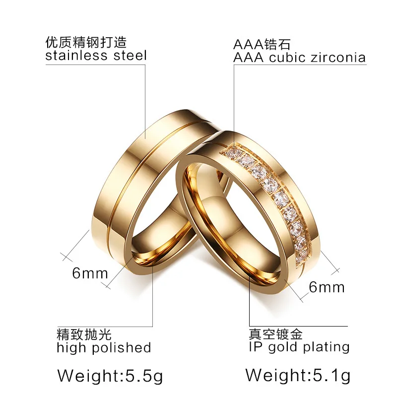 Simple Titanium Steel Wedding Silver Couple Gold Plated Engagement Diamond For Lovers Ring