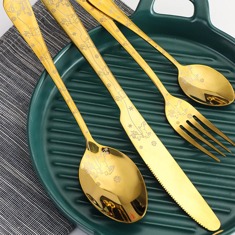 Christmas Tableware Sets Stainless Steel 4pcs Christmas Laser elk spoon Luxury  Minimalist Business Custom Gifts