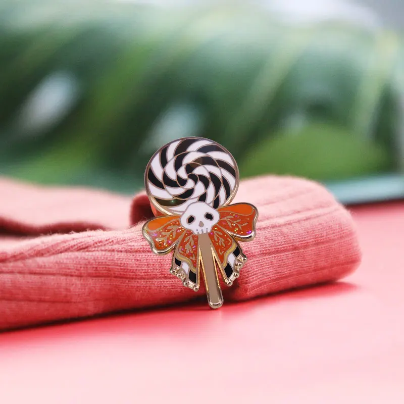 Skull Lollipop Enamel Pin Halloween Candy Brooch Glitter Spooky Lolly Lollipops Sugar Sucker Jewelry Accessories