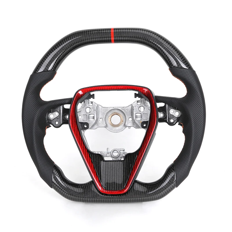 Custom Flat Bottom Half Perforated Leather Carbon Fiber Steering Wheel for Toyota Camry Corolla Avalon RAV4 RAV 4 2018-2024