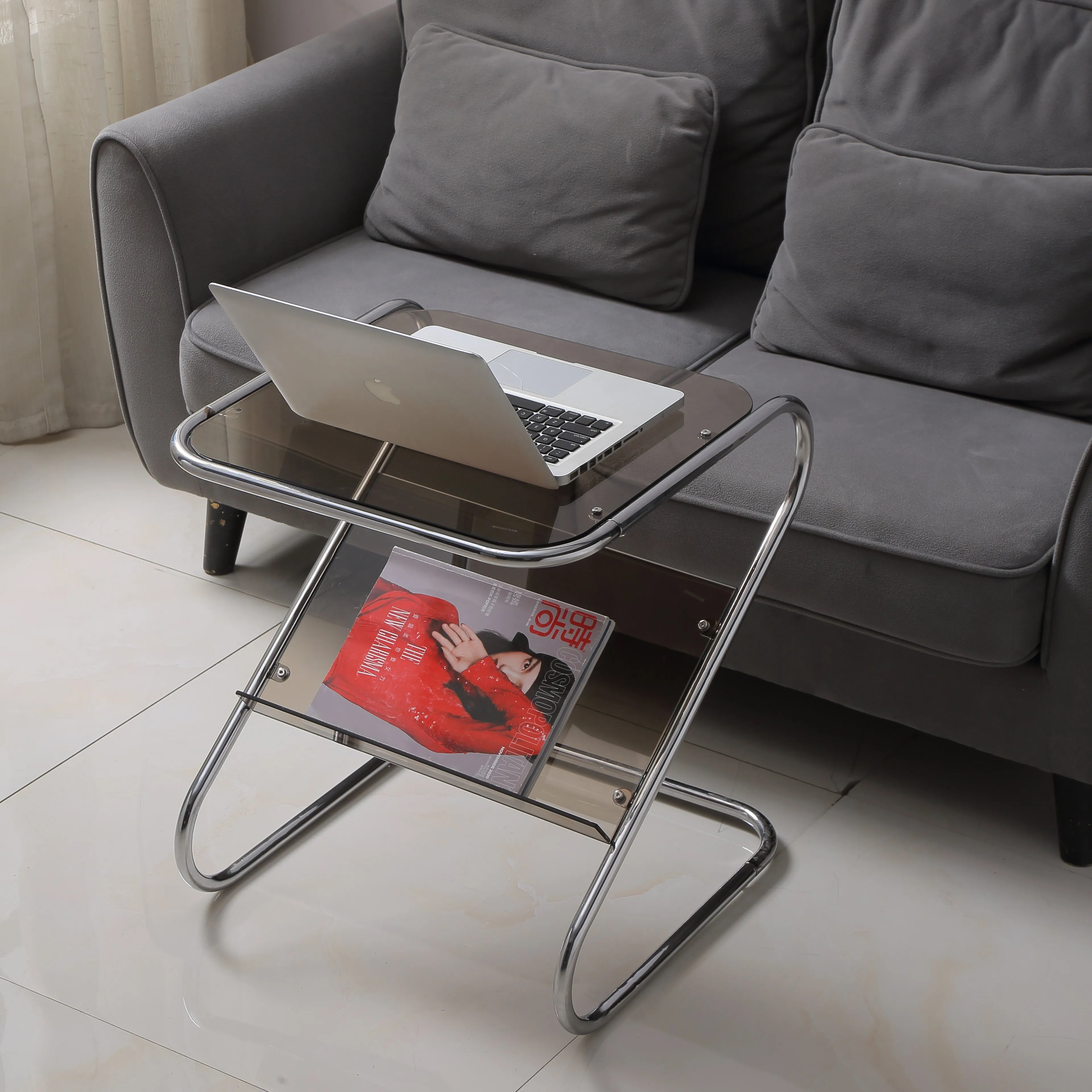 Hot Selling Small Home Furniture Indoor Side Table Glass Book Holder Rack Z Shape Metal Frame Coffee Table
