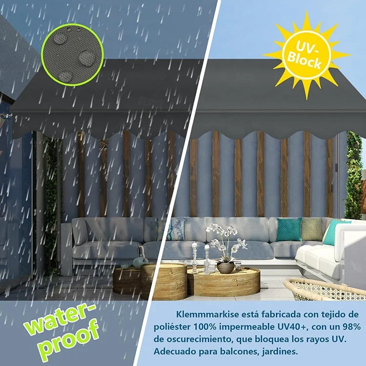 300 cm Clamp Awning with Hand Crank Balcony Height Adjustable UV Resistant for Balconies Patios Garden Sun Protection