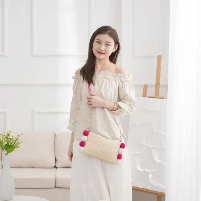 Pompom straw beach bag  straw clutch handmade straw shoulder bag designer handbags famous brands