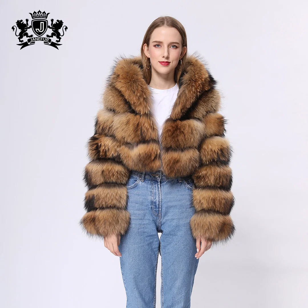 Elegant Breathable Free Logo Women Real Raccoon Fur Coats Wholesale