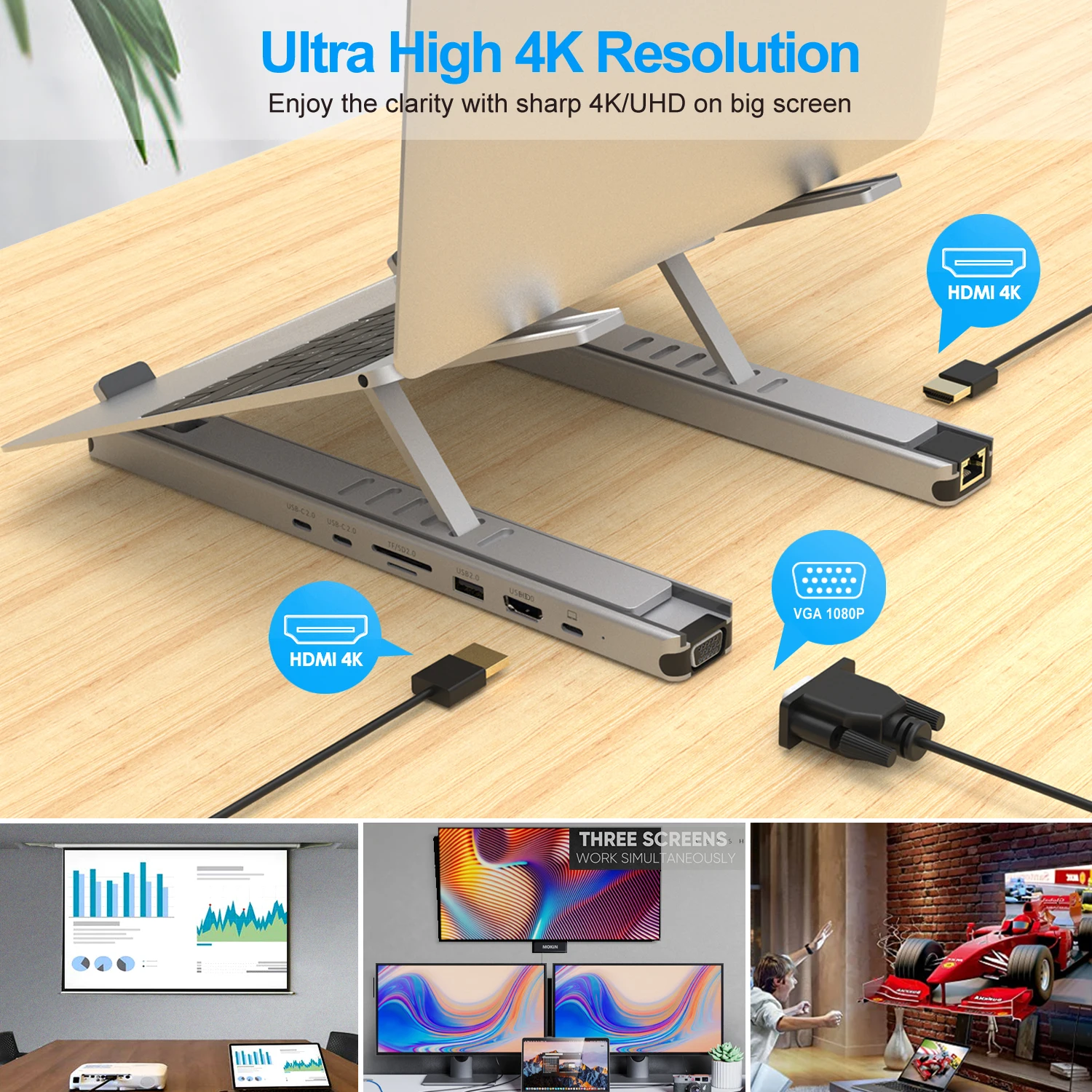 USB A 3.0 USB A 2.0  A RJ45 VGA SD TF Card Reader Type C  HDM I Port USB Multiple ports Hub Laptop Stand