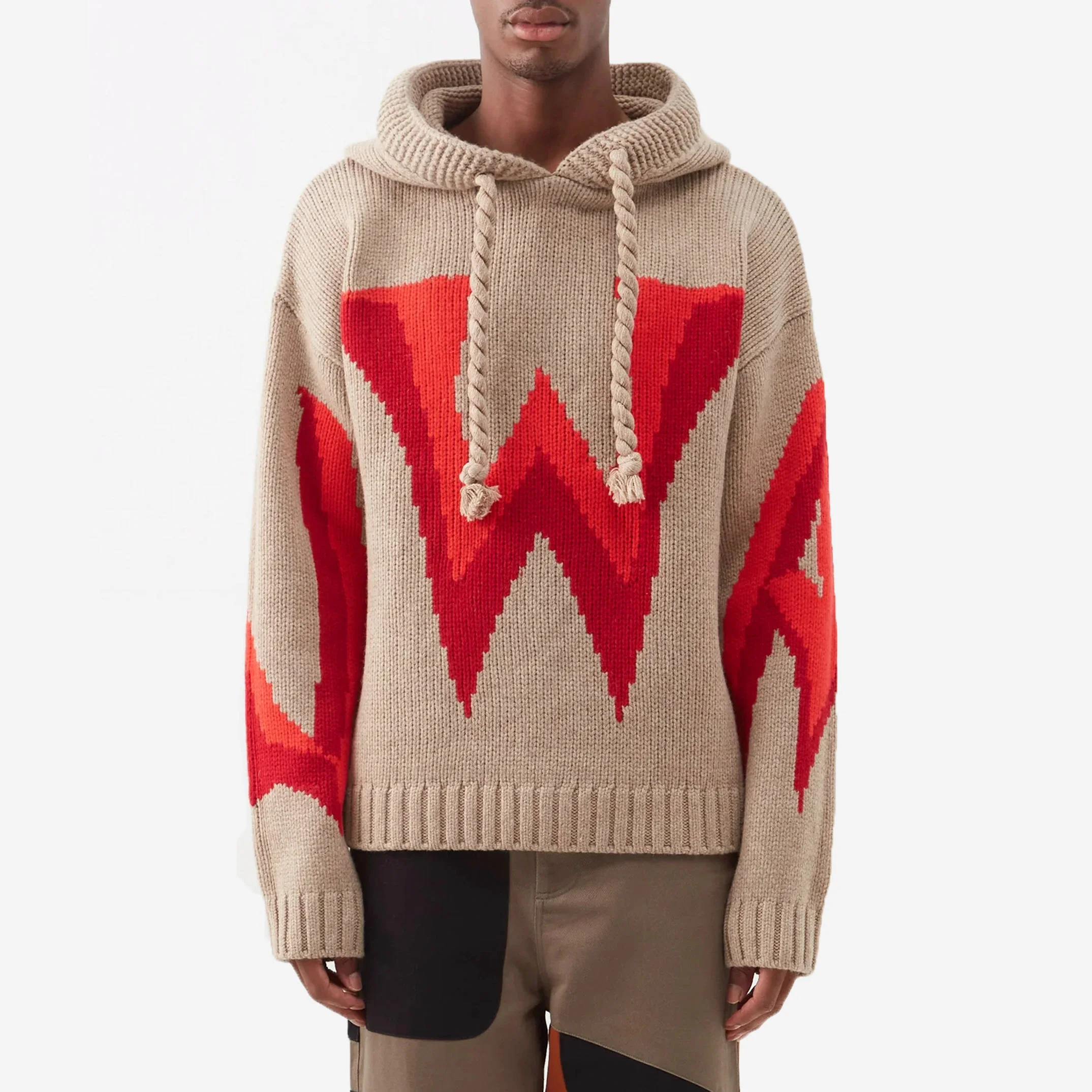 OEM Senior Custom Logo Intarsia Knitwear Thick Cashmere Wool  Knitted Pullover Cotton Jacquard Hoodie Jumper Sweater for men