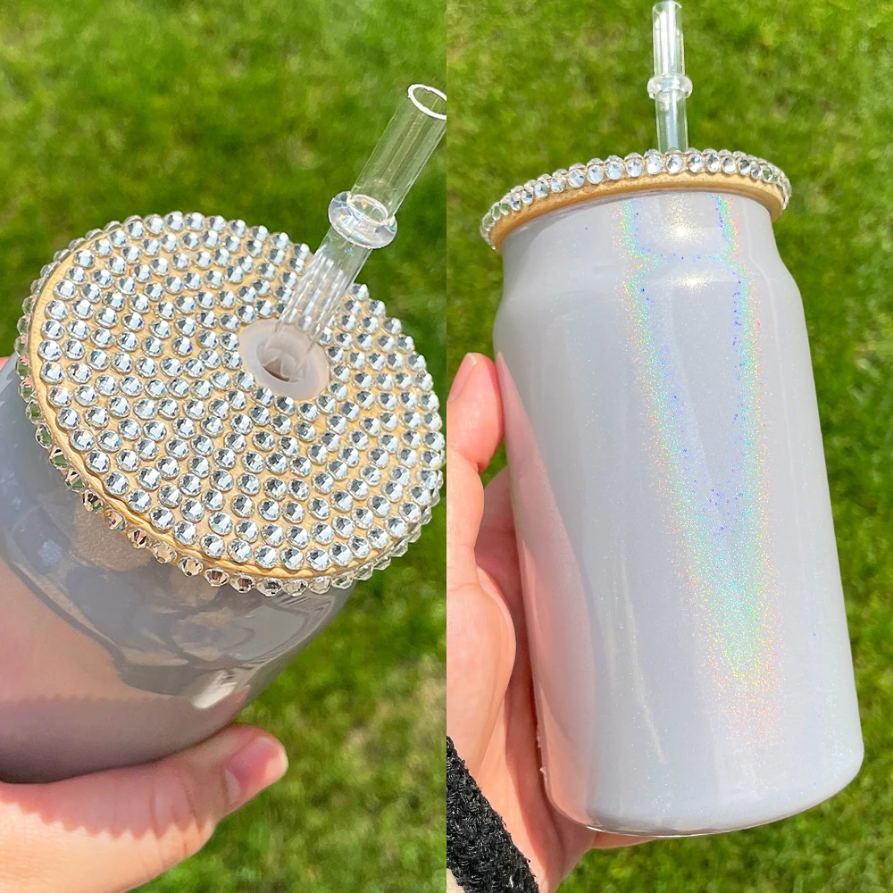Reusable rhinestone bling pp lid for 16oz glass can Super Sparkly Bling Plastic Covers for 20oz Beer Glass Can