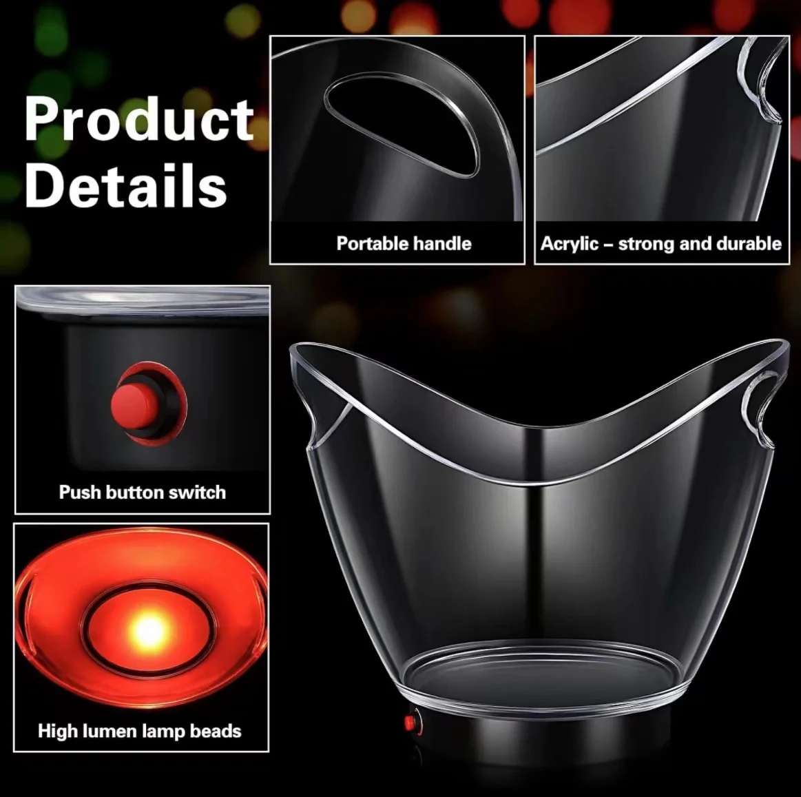 Factory Manufacturer wholesale 5L capacity dry battery colorful transparent custom logo Led Ice Bucket