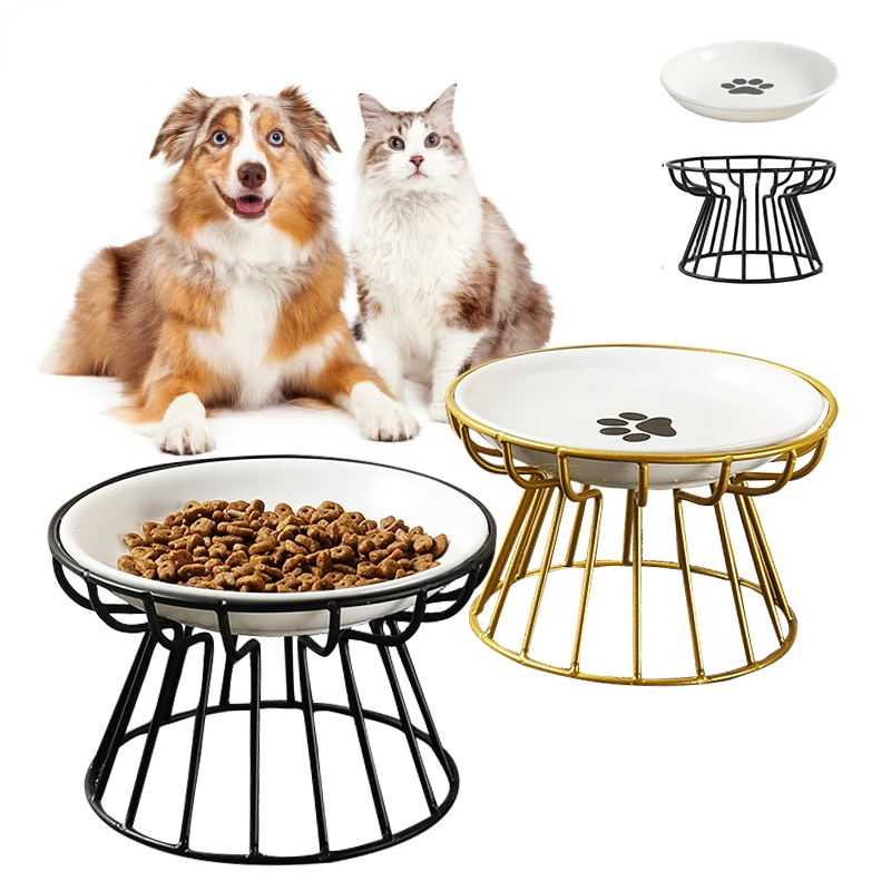 Nordic Ceramic Dog Bowl Stainless Steel Elevated Bracket Cat Feeder Bowl Plate Anti-cervical Spondylosis Food Bowl for Pet Dogs