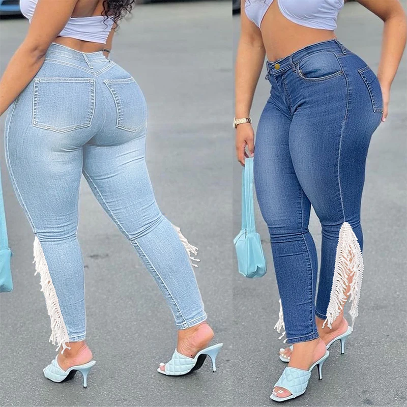 Женская одежда с кружевной кисточкой большие размеры дешевая оптовая цена высокое качество модные облегающие джинсы для женщин