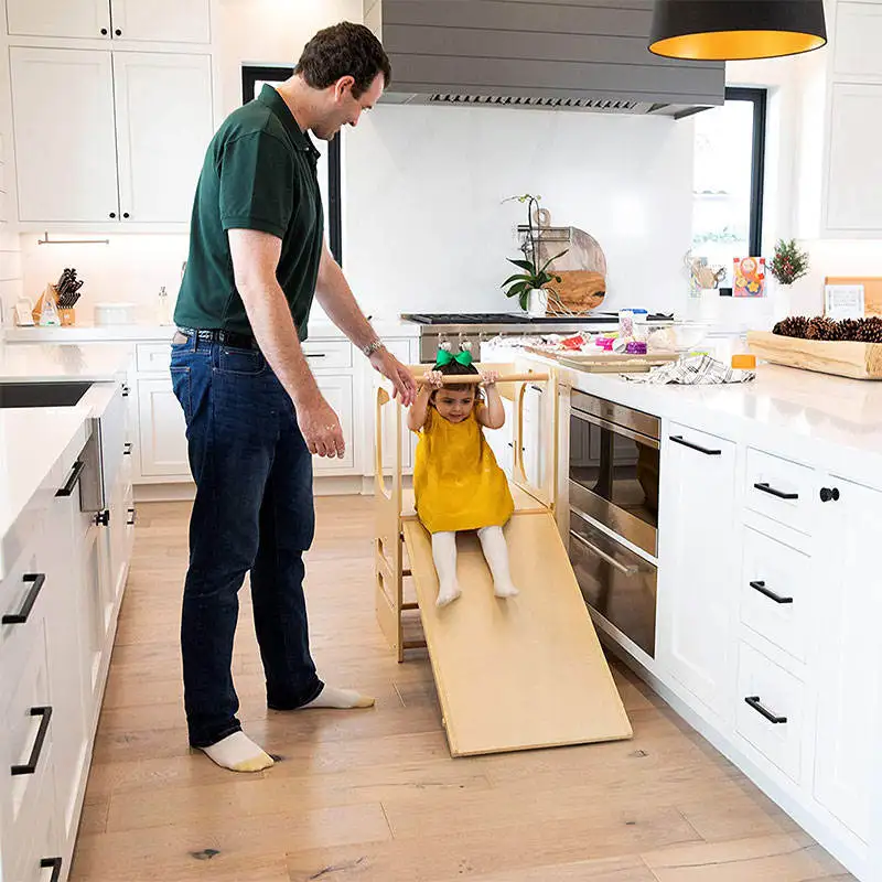 Children Kitchen Step Stool Wooden Climbing Frame Montessori Toddler Learning Tower with Slide and Blackboard Natural for Kids