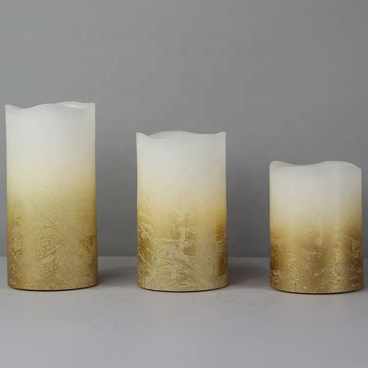 SET OF 3 BATTERY OPERATED REAL WAX FLICKERING LED CANDLE, WITH TIMER FUNCTION, WITH GOLD METALLIC OMBRE DISTRESSED FINISH