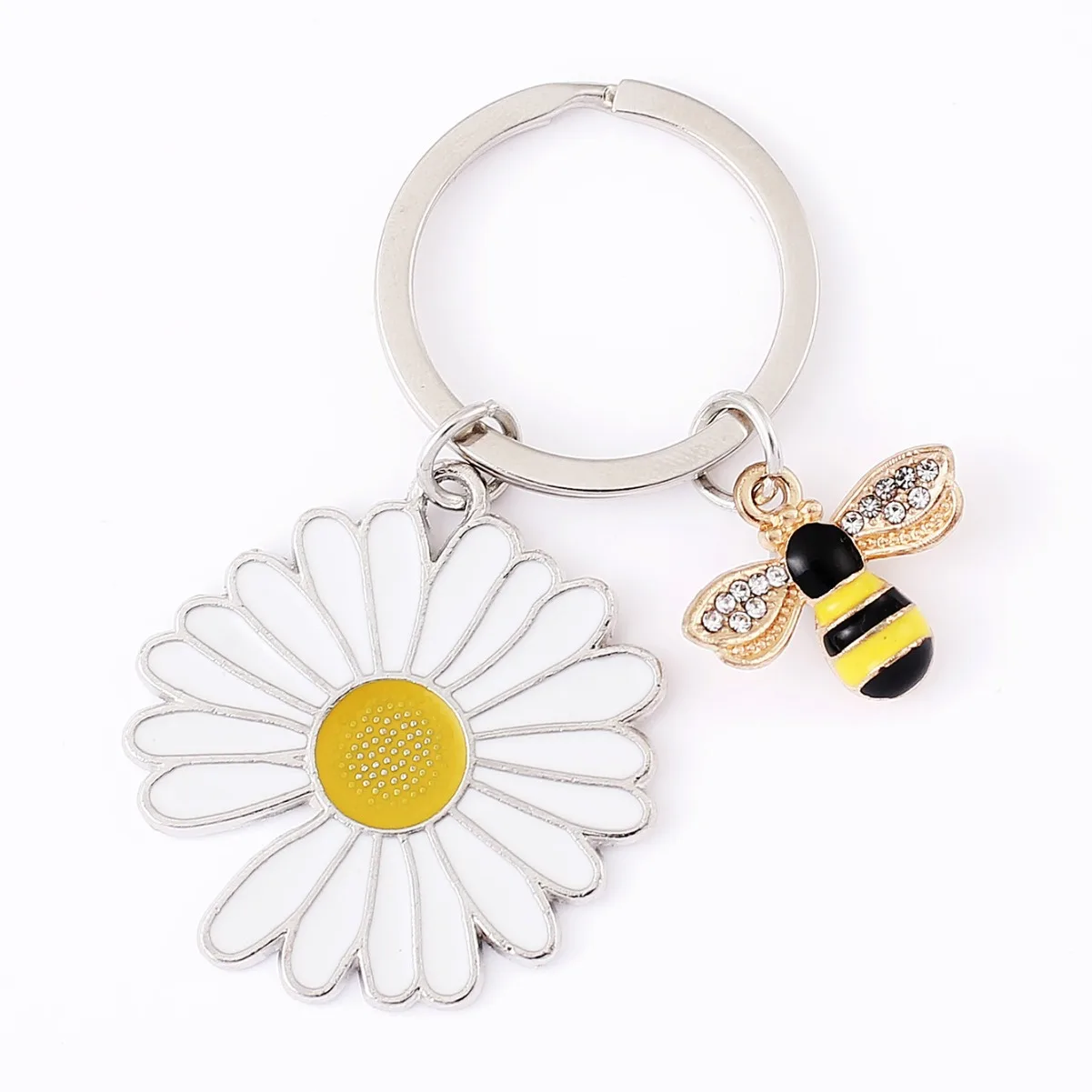 Lovely Key Bag Charms Keyring Metal Enamel Bee White Daisy Flower Keychain Accessory For Women