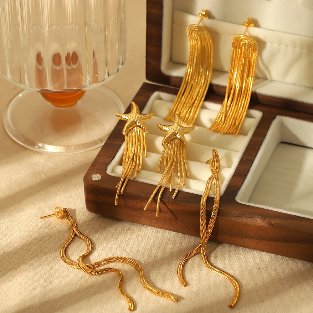 YWXS Long tassel high sense temperament exaggerated fashion stainless steel hanging spike five-pointed star earrings for women