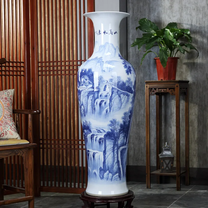 Vintage antique Chinese MingQing Landscape House Hand painted floor ceramic floor tall vase large for office decor