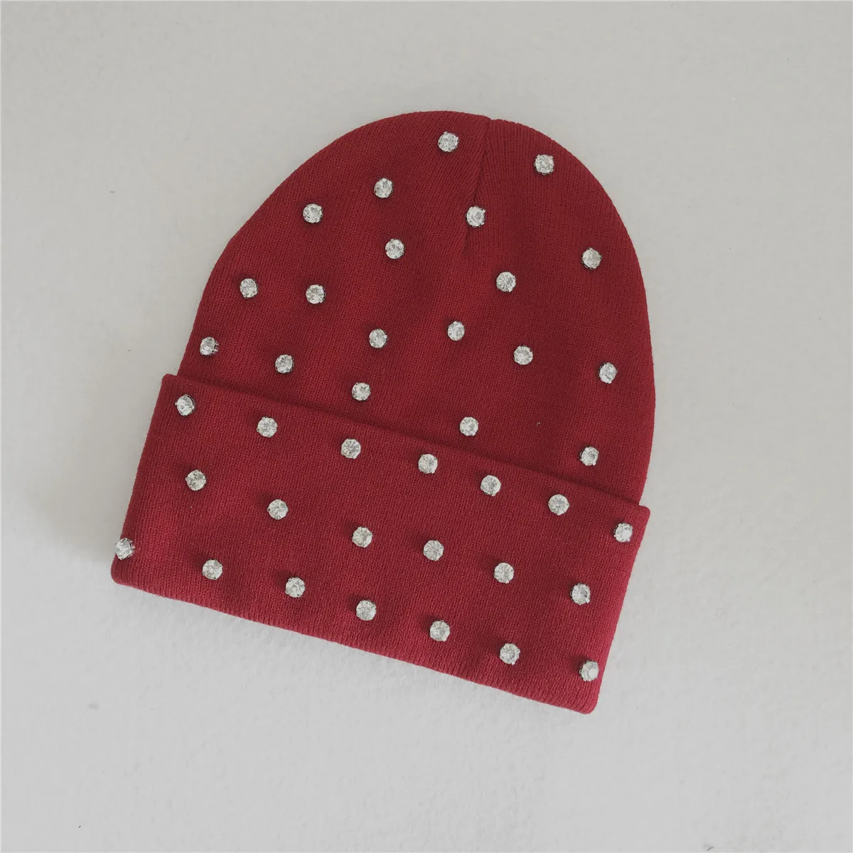 Women Thick Knit Crystals Beanie Stones Tuque Neon Orange Warm Sports Skull Cap Hot Pink White Rhinestones Winter Hat