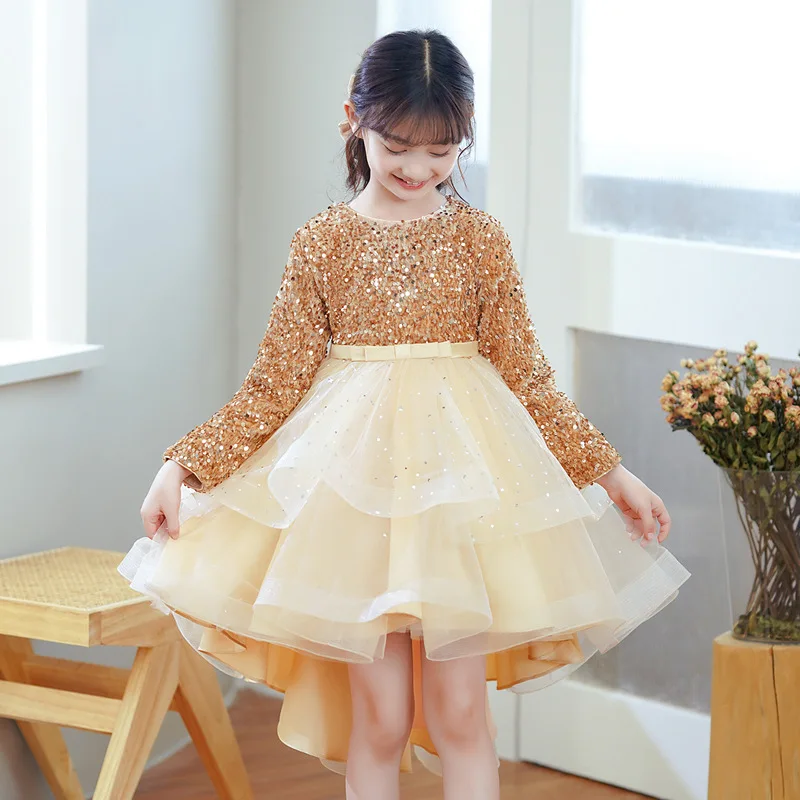 Girls Dress 2022 Winter Christmas Long Sleeve Sequins Trailing Dress Girls Princess Mesh Party Dress