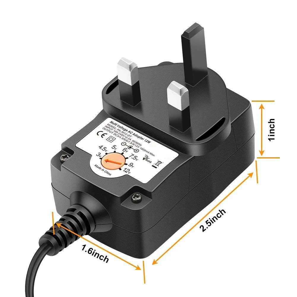 12W Universal Multi Voltage AC/DC Adapter Switching Power Supply with 8 Tips Adapter Plugs Suitable for 3 V to 12 V Device