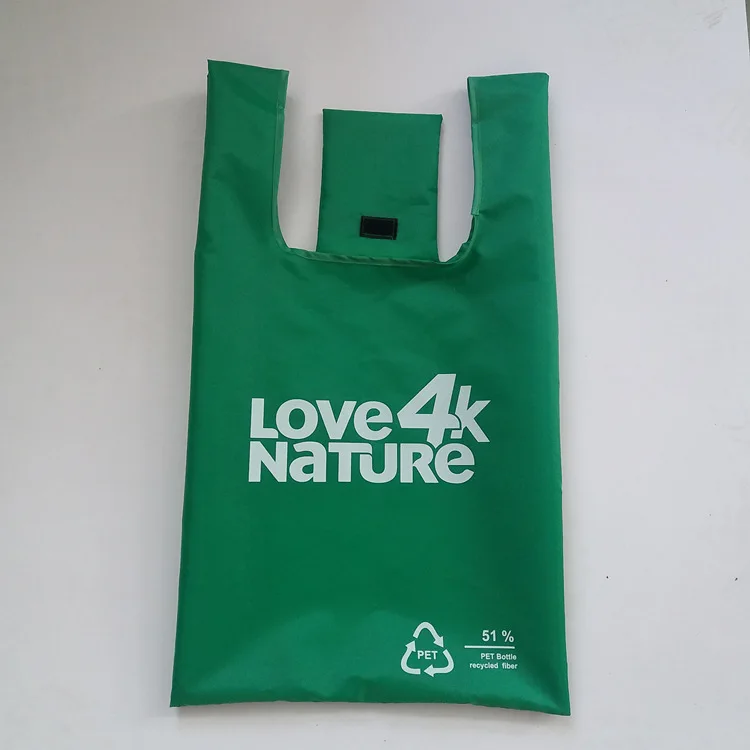 New Recycle RPET Polyester Foldable Shopping Bag Nylon Recycled PET Bottles Fabric T Shirt Fold In Small Bag