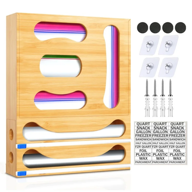 Hot Sale  Ziplock Bag Storage Organizer, Bamboo Baggie Organizer With Aluminum Foil Dispenser