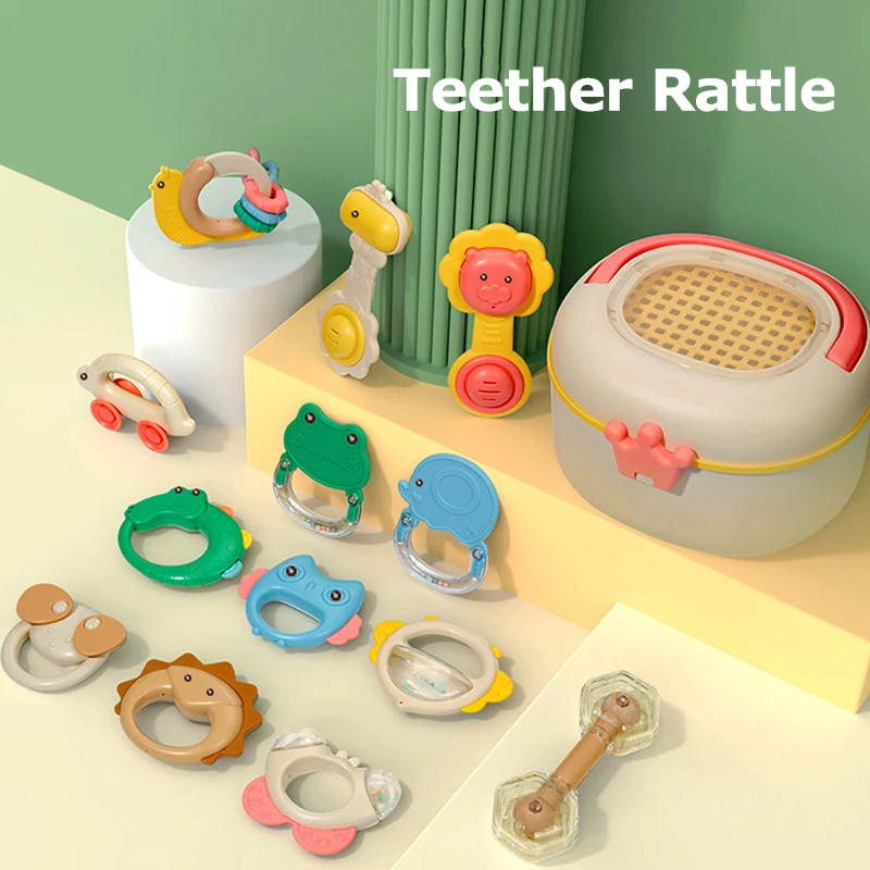 14 Pcs baby silicone rattles handbell teether toys set animal soft silicone teether rattle with drainage storage box for newborn