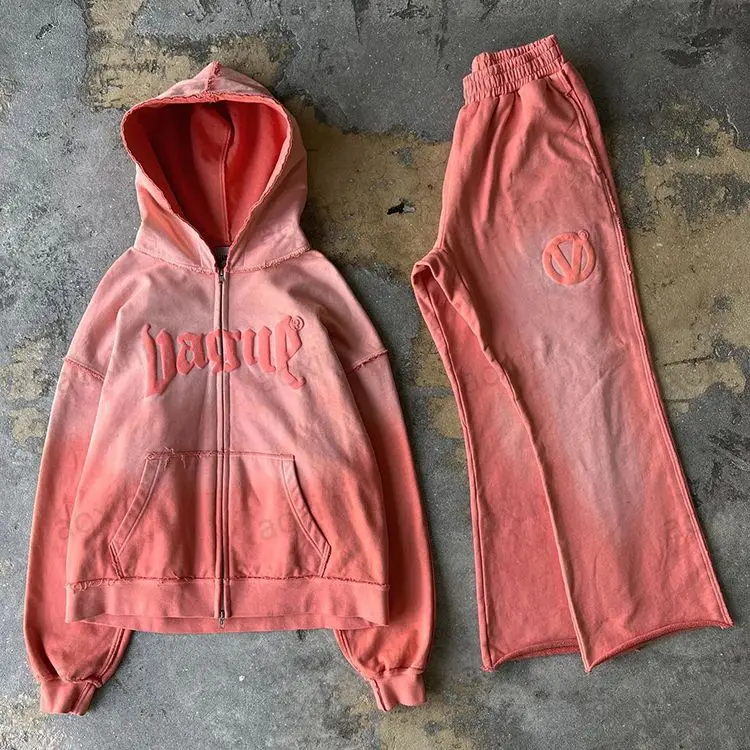 Tracksuit Manufacturer 100% Cotton Heavy Weight Custom Puff Print Acid Wash Sun Faded Zip Up Oversized Hoodies And Sweatpants