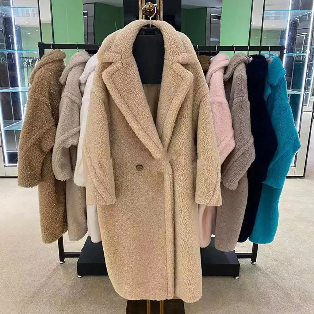 Office Lady style thick material long style faux teddy fur coat